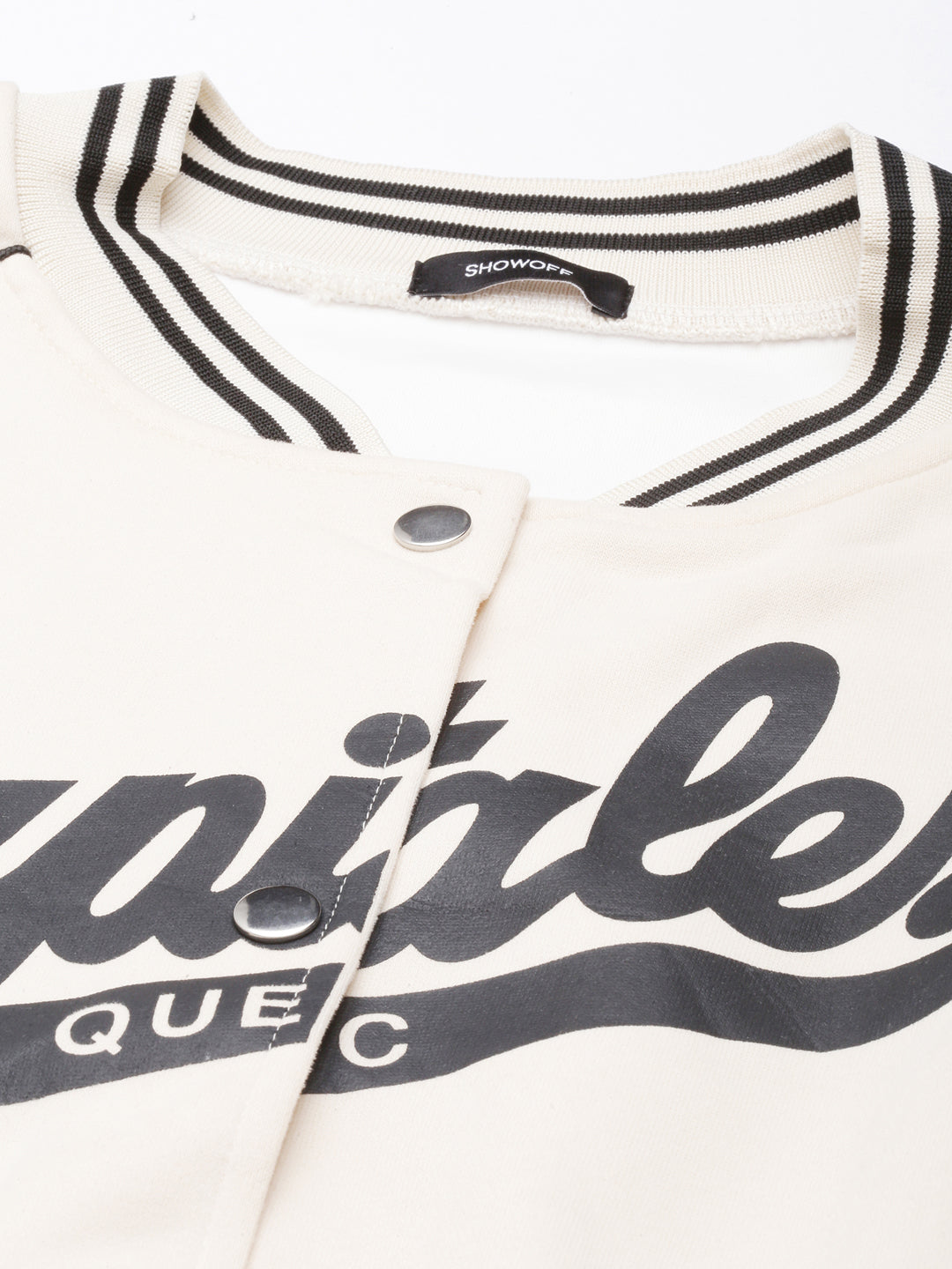 Typography Cream Crop Oversized Drop Shoulder Varsity Jacket