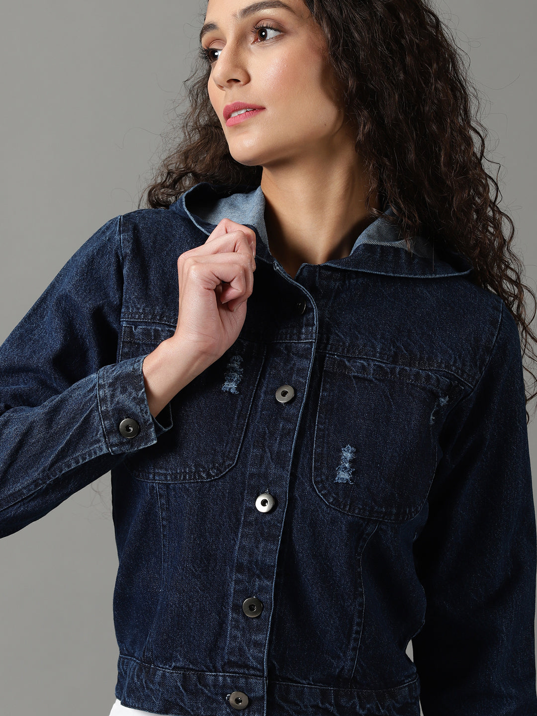 Navy Blue Washed Crop Denim Jacket