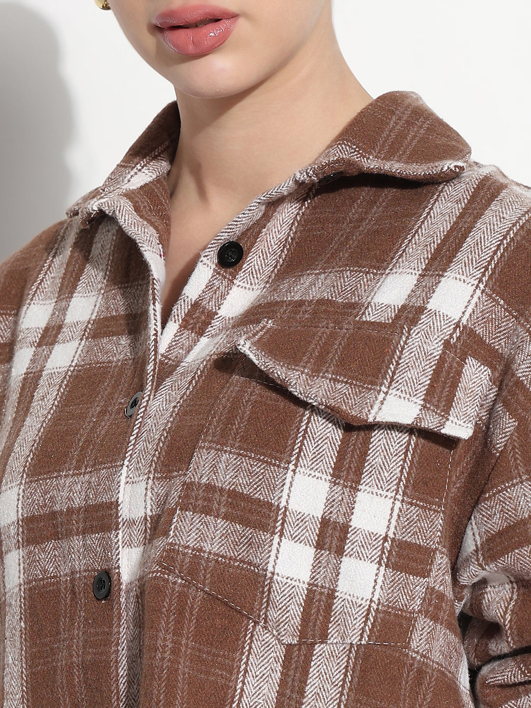 Women's Tartan Checks Brown Oversized Shirt with Flap Pocket
