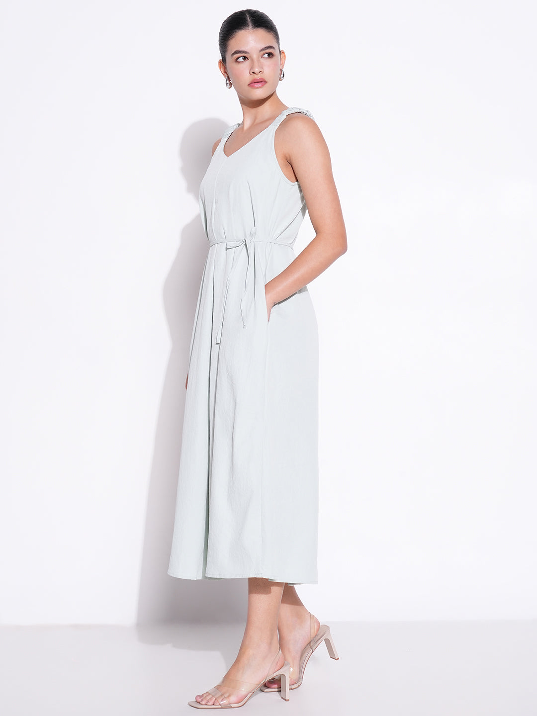 Ruched Shoulder Sea Green Slip On Dress with Waist Tie