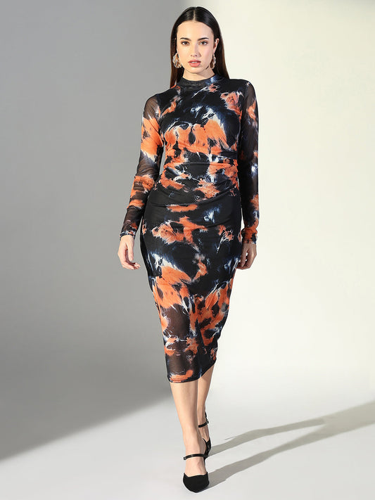 Abstract Print Black High Neck Full Sleeves Bodycon Dress