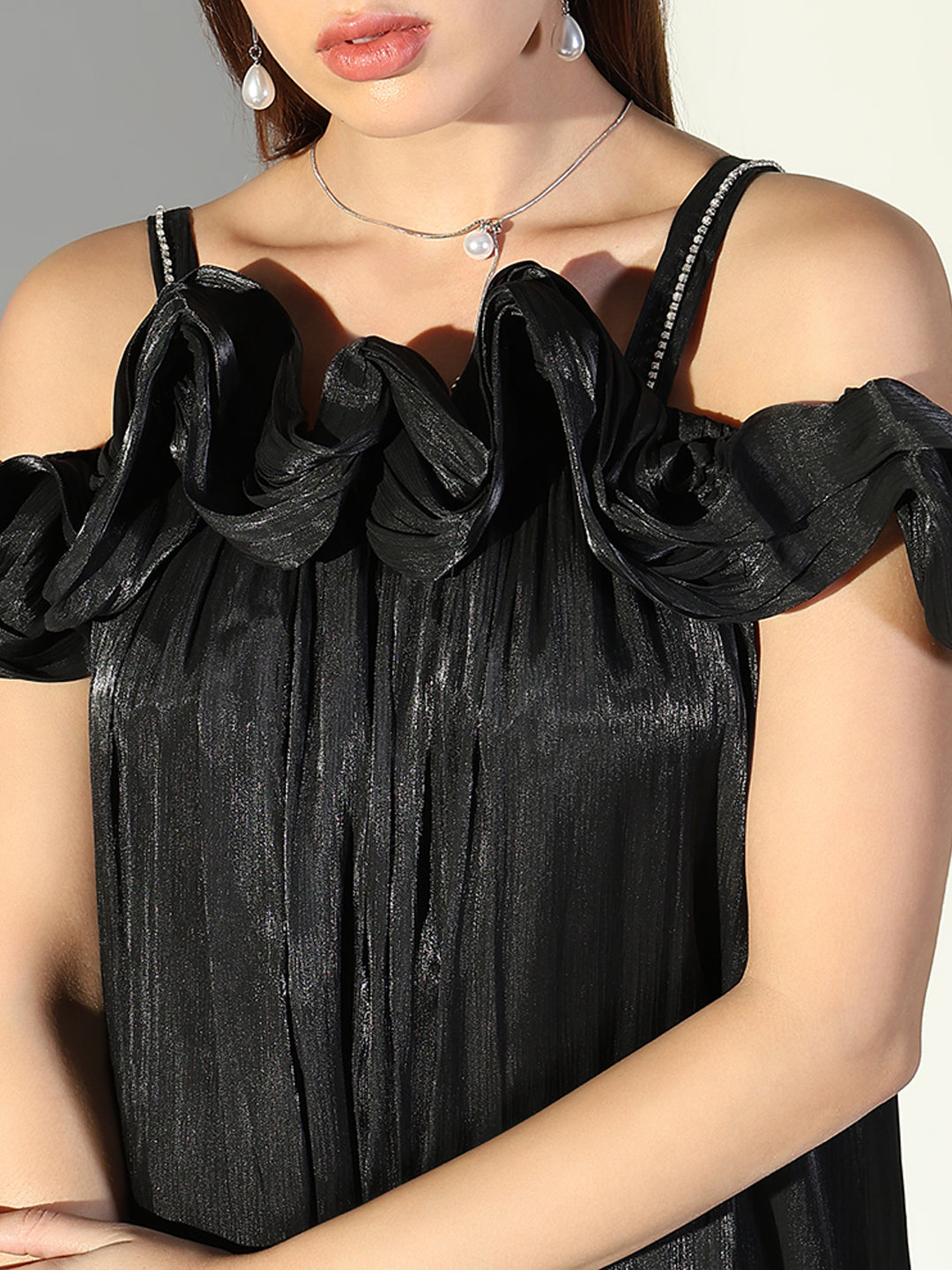 Ruffle Embellished Off Shoulder Black Maxi Dress