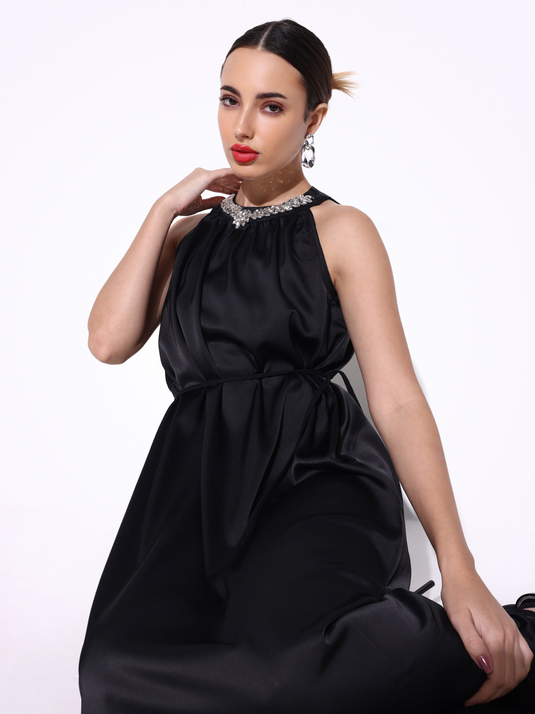 Embellished Neck Black Dress with Waist Tie