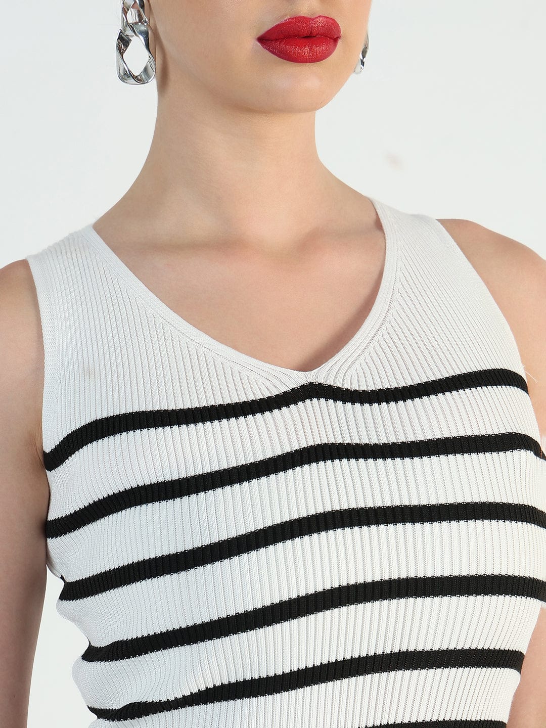 Ribbed Striped Sleeveless White Bodycon Dresses
