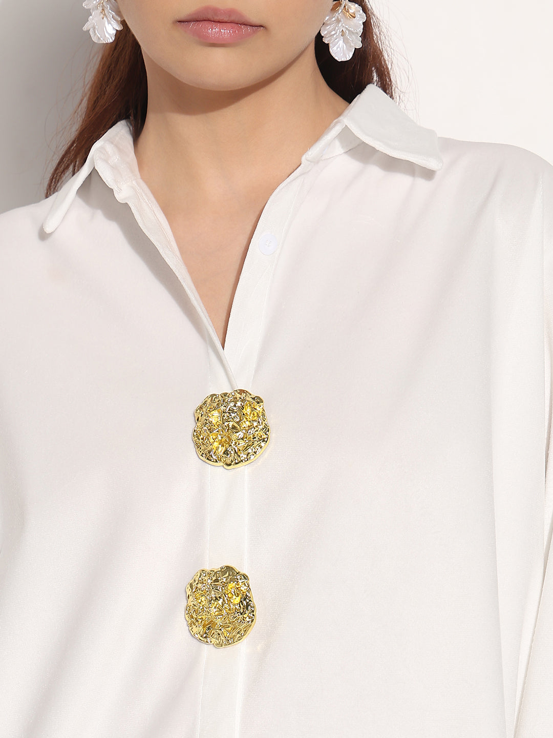 Women's Velvet White Relaxed Fit Shirt with Stylized Button Pins