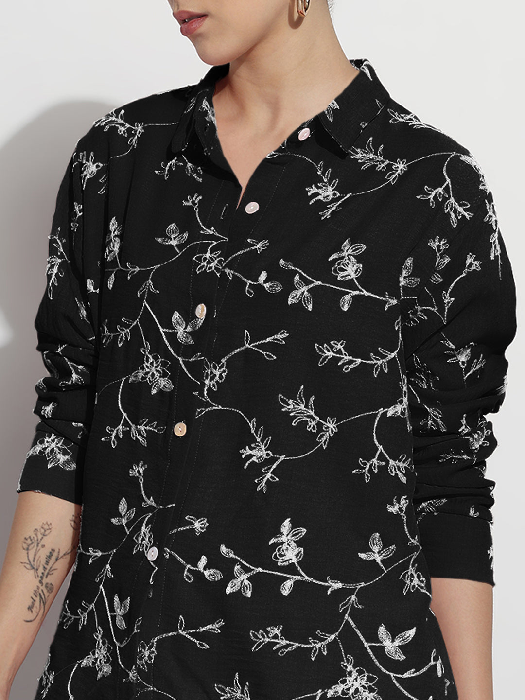 Women's Floral Black Relaxed Fit Shirt