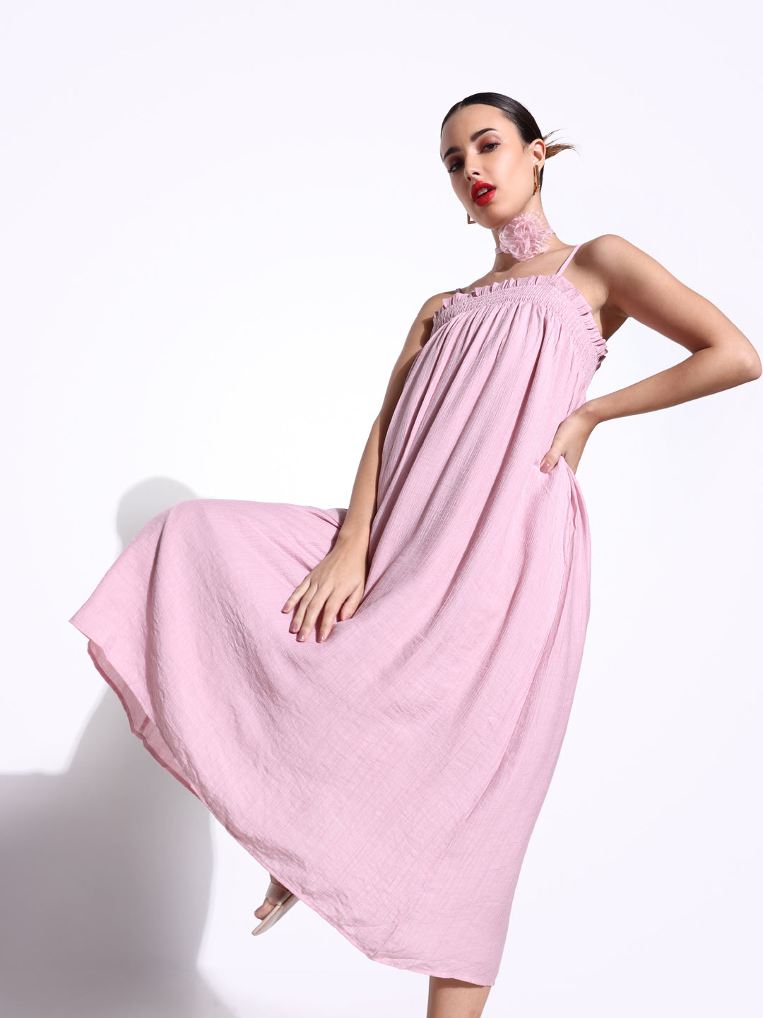 Pink Slip on A-Line Dress with Flower Neck Tie