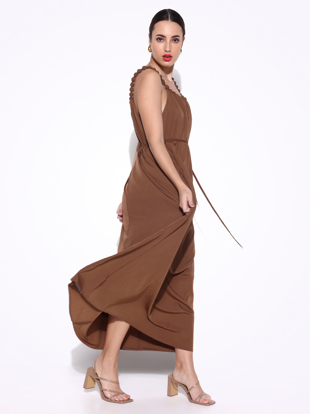 Brown Beaded Neck Slip On Maxi Dress with Waist Tie