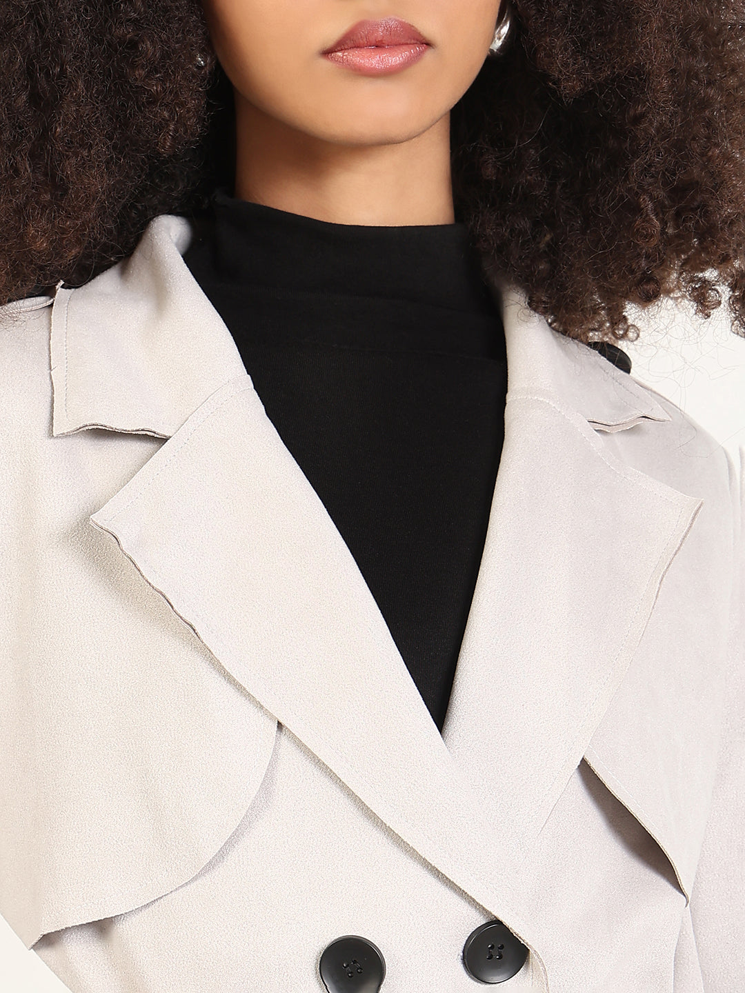 Solid Grey Spread Collar Trench Coat with Fabric Belt
