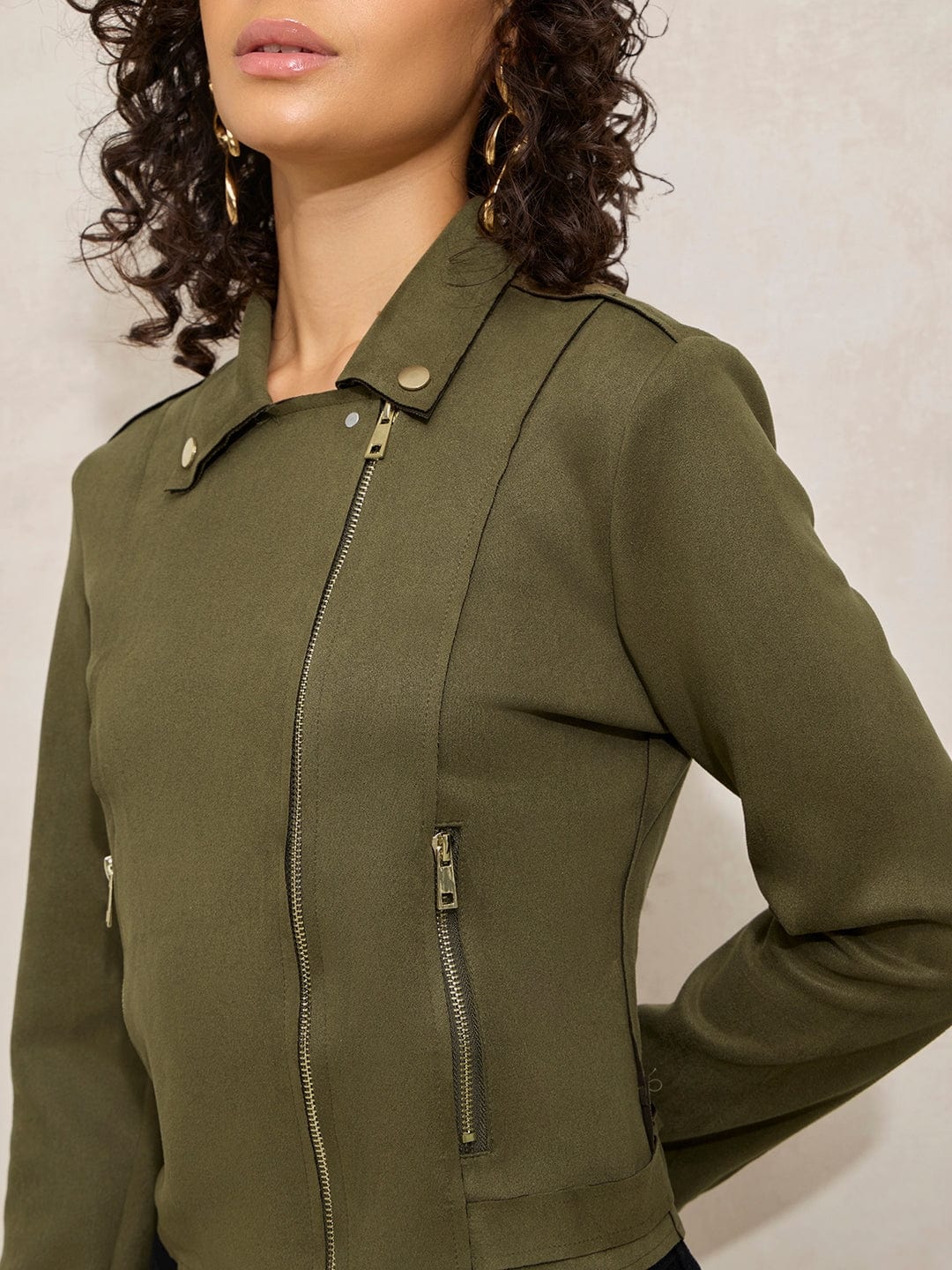 Olive Asymmetric Zipper Biker Jacket