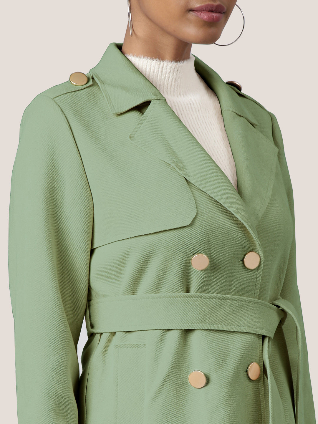 Solid Green Longline Trench Coat with Belt