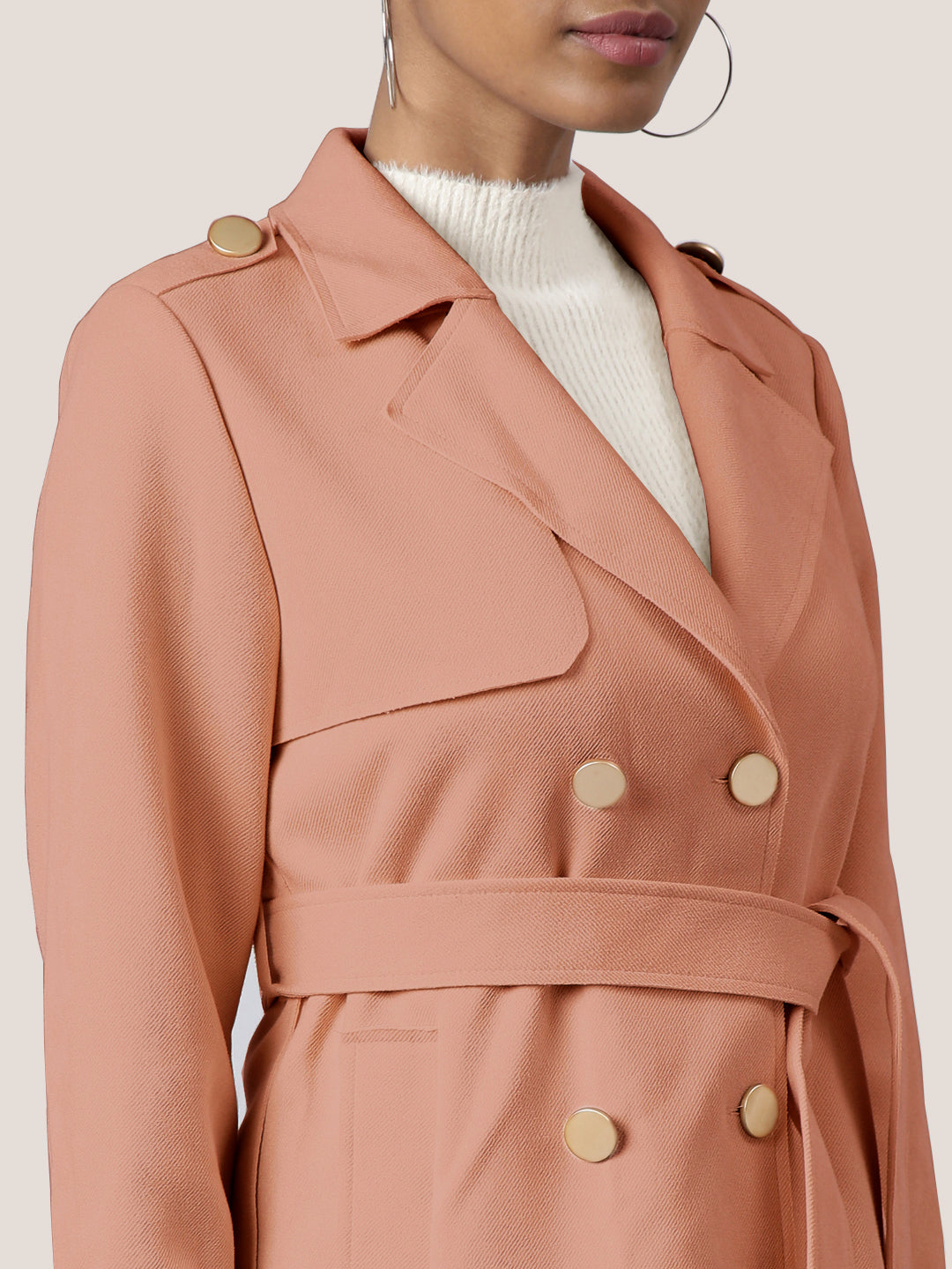 Solid Peach Longline Trench Coat with Belt