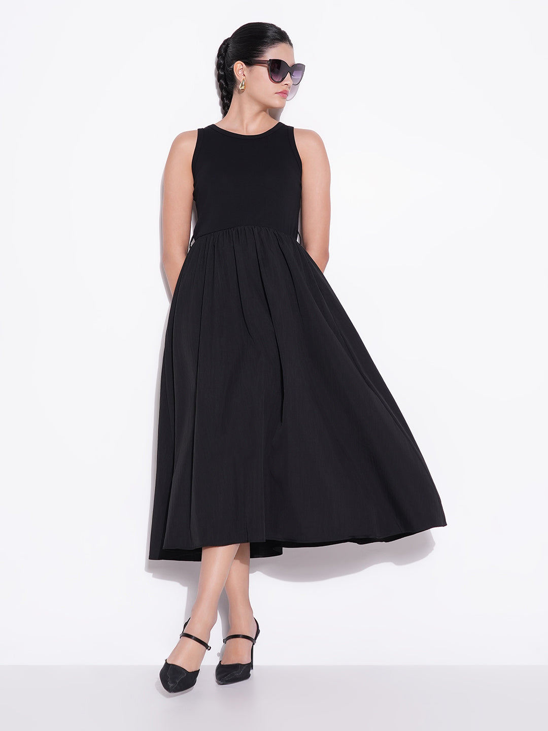 Black Cotton Fit and Flare Midi Dress
