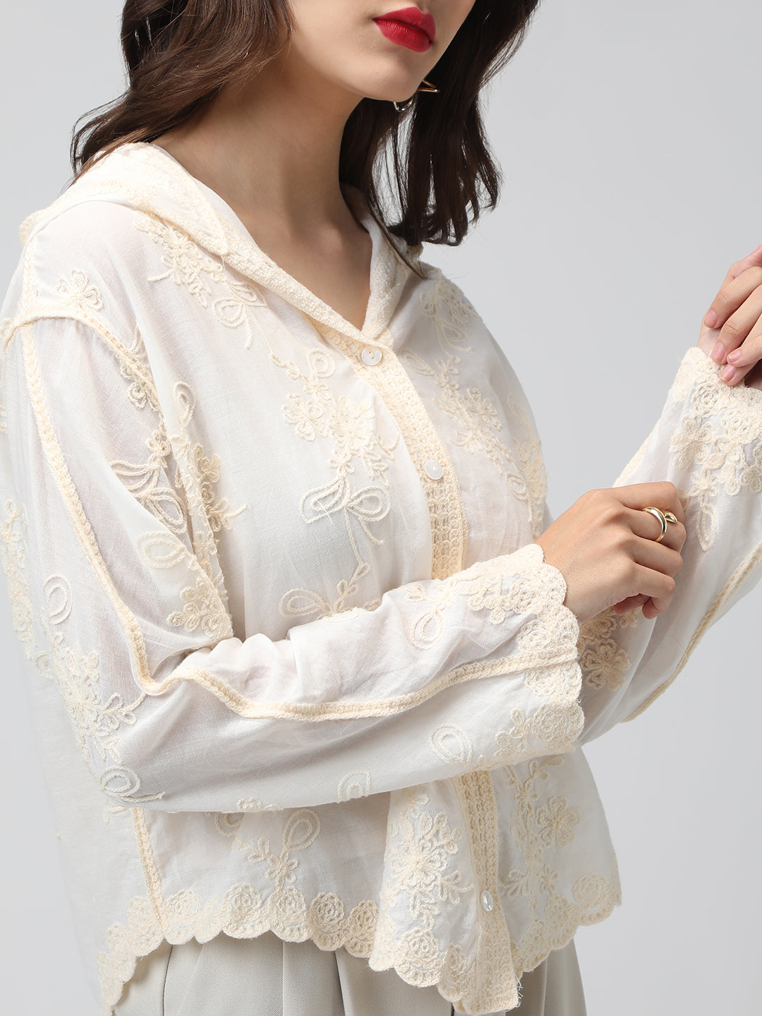 Women's Floral Cream Hooded Relaxed Fit Semi Sheer Shirt