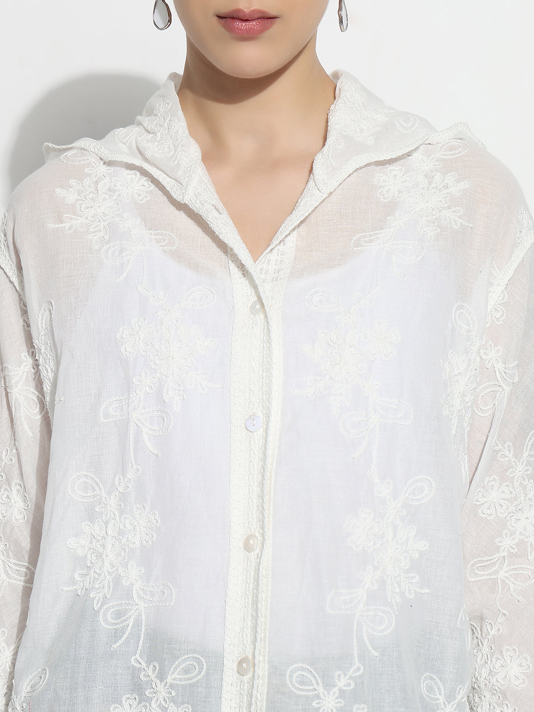 Women's Floral White Hooded Relaxed Fit Semi Sheer Shirt