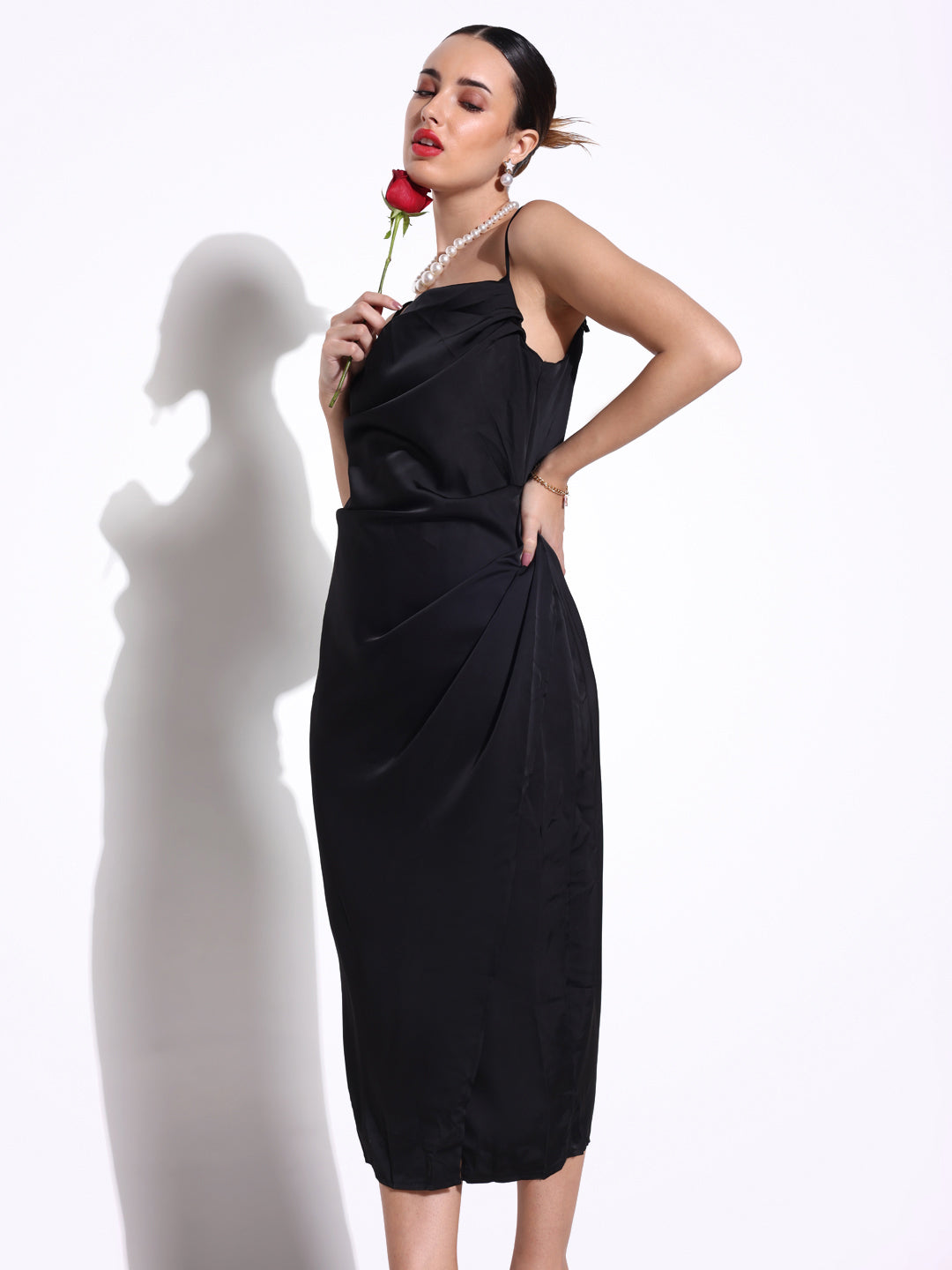 Black Cowl Neck Satin Slip On Draped Dress