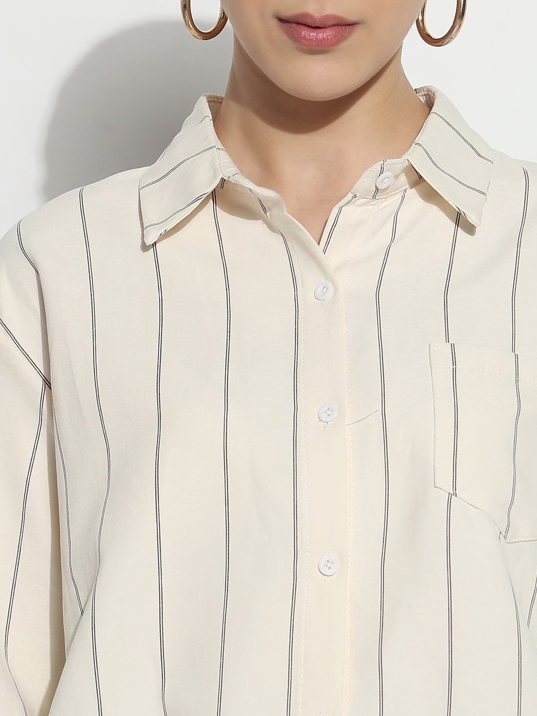 Women's Pinstripes Cream Regular Fit Top