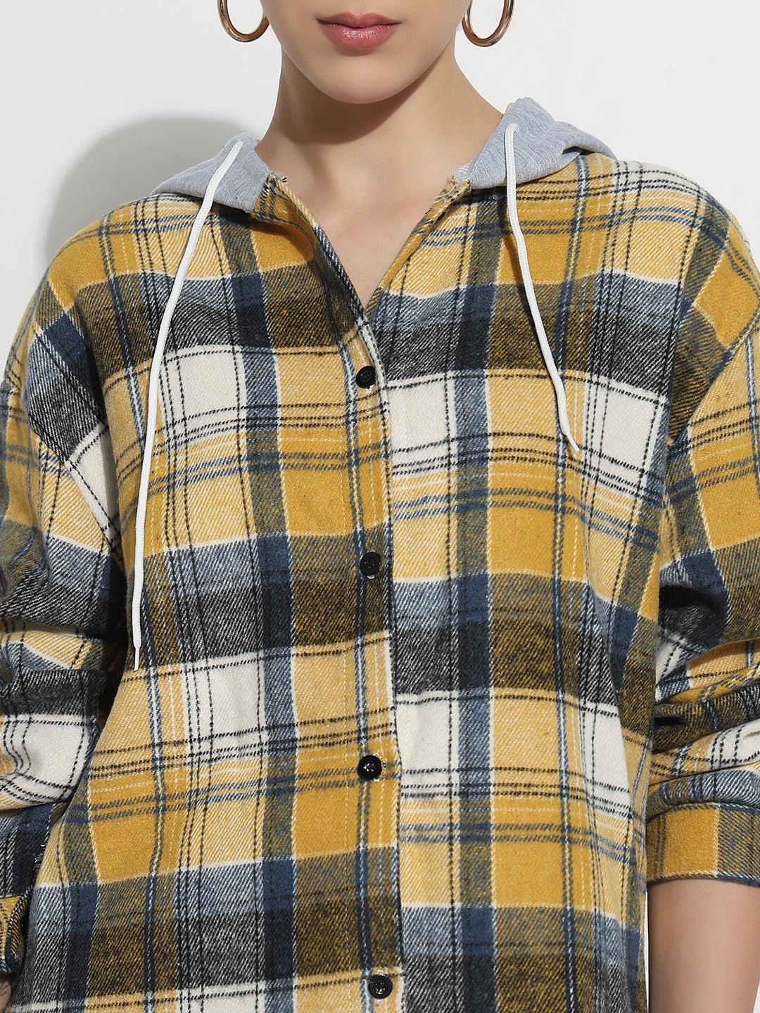 Women's Tartan Checks Yellow Hooded Regular Fit Shirt