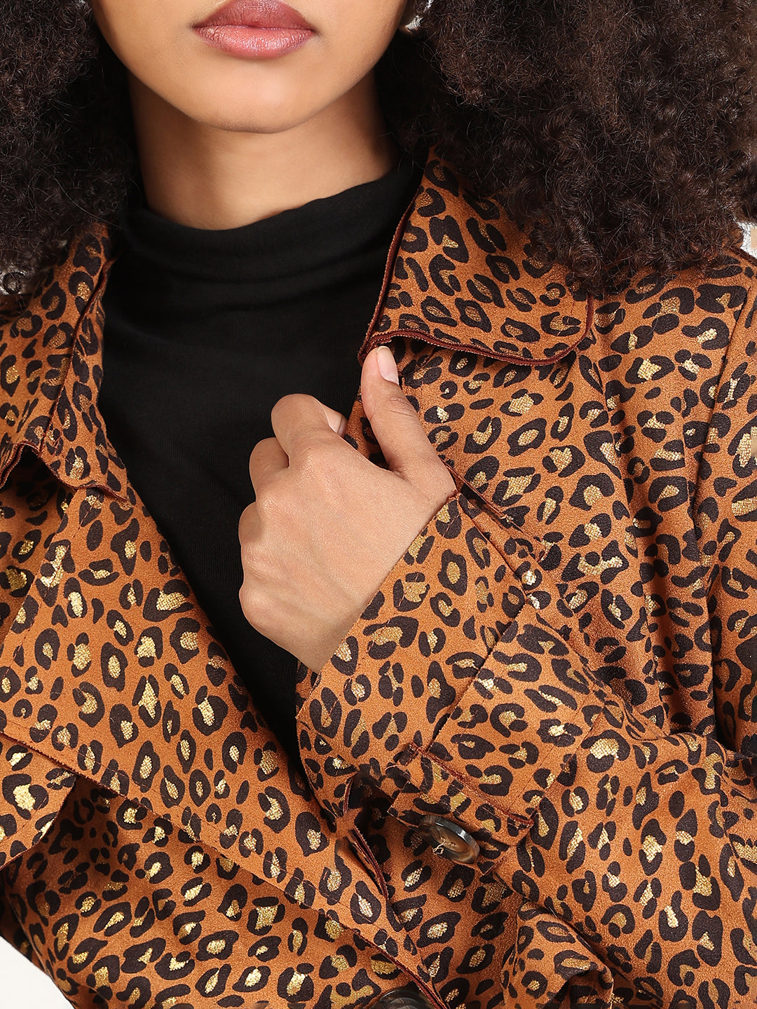 Animal Print Brown Spread Collar Trench Coat with Fabric Belt