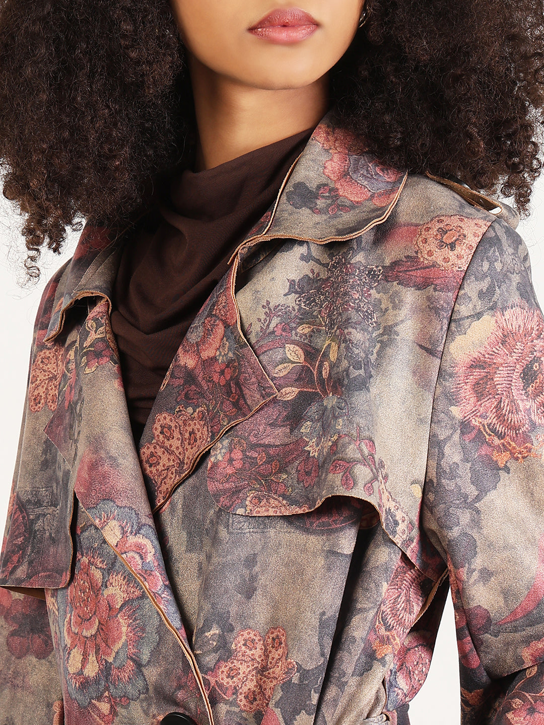 Floral Grey Lapel Collar Longline Trench Coat with Fabric Belt