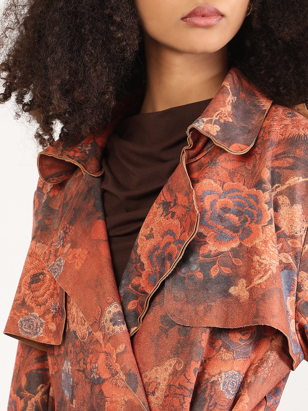 Floral Rust Lapel Collar Longline Trench Coat with Fabric Belt