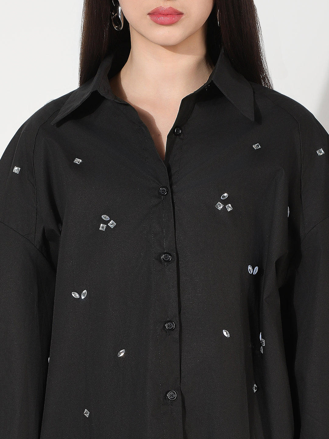 Women's Oversized Black Solid Shirt with Motifs