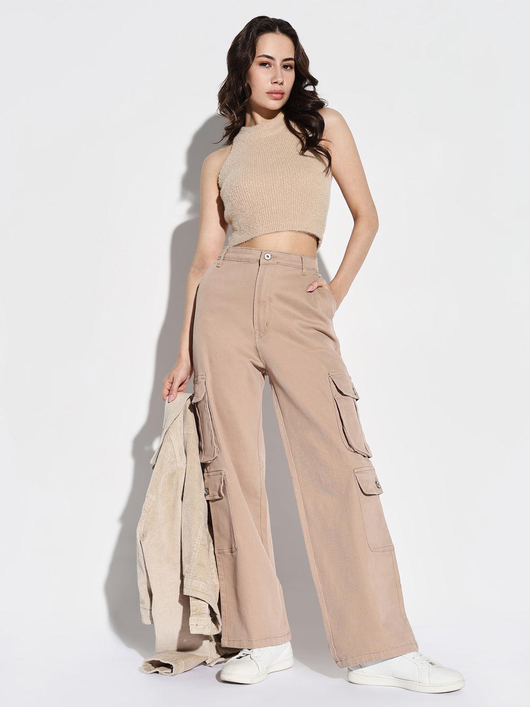 Beige Comfort Wide Leg Acid Wash Cargo Styles Jeans