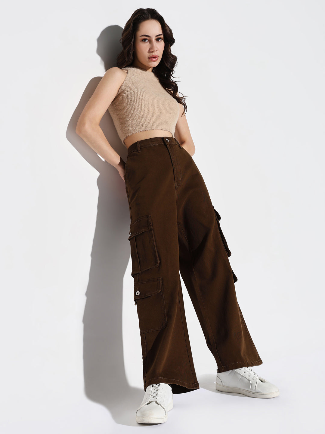 Brown Cotton Comfort Wide Leg Mid-Rise Acid Wash Jeans
