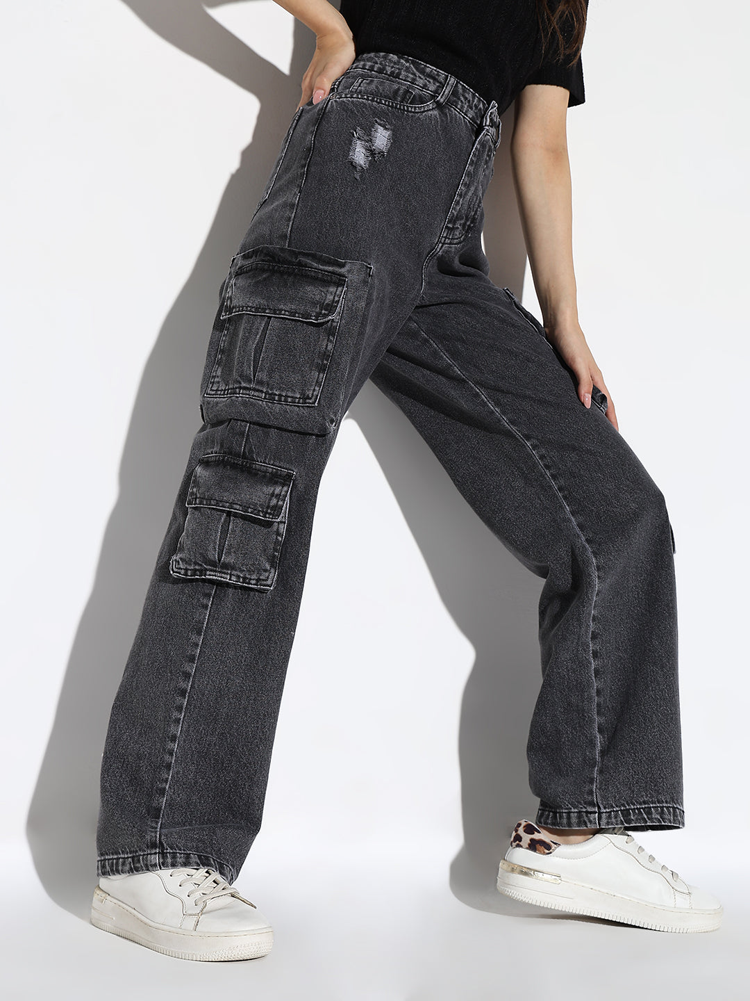 Grey Comfort Straight Fit Low Distress Light Fade Acid Wash Stretchable Jeans