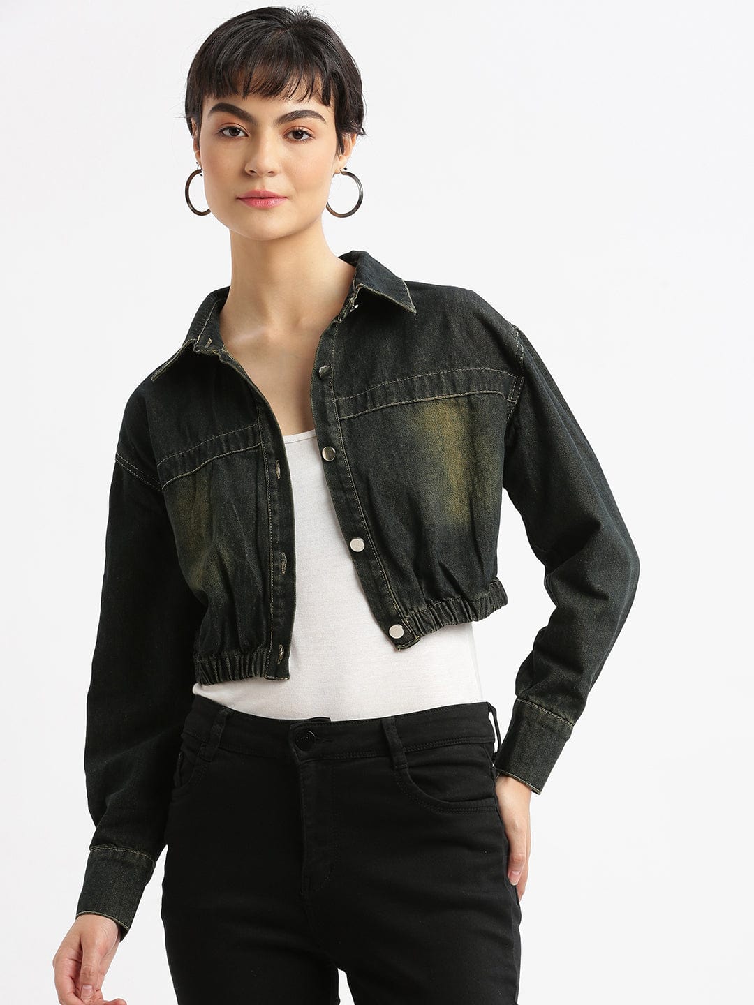 Black Washed Checked Windcheater Crop Biker Jacket
