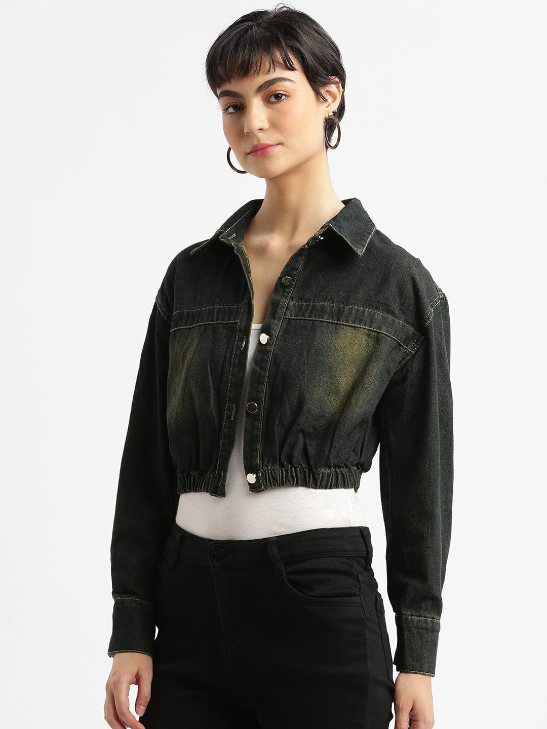Black Washed Checked Windcheater Crop Biker Jacket
