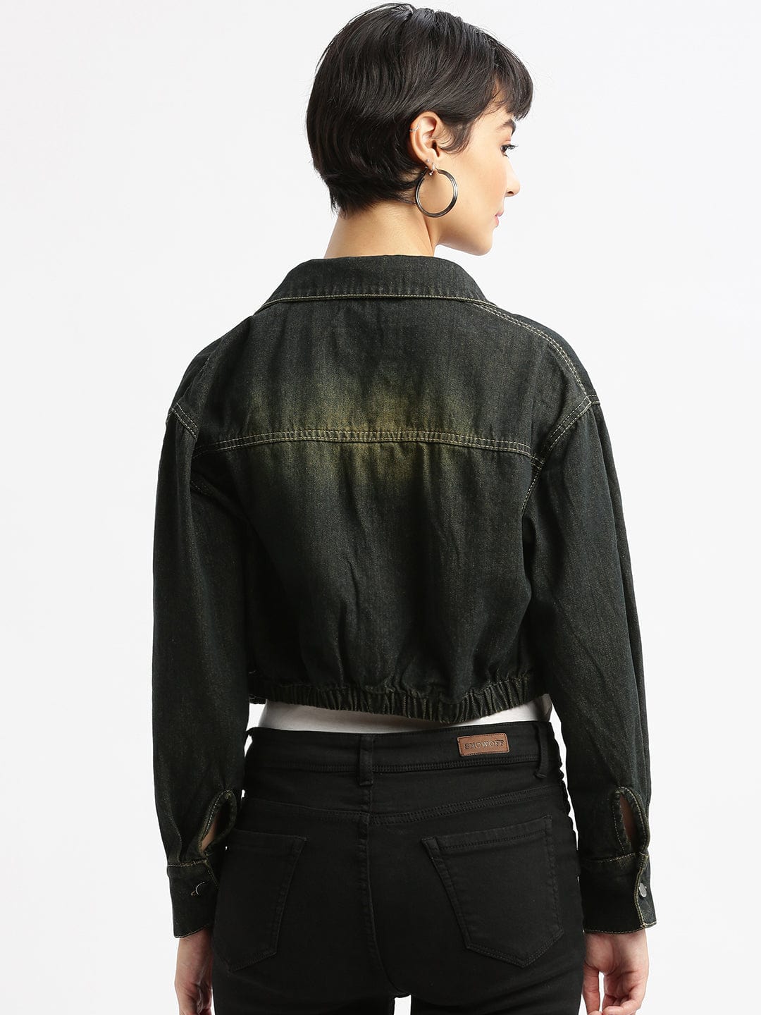 Black Washed Checked Windcheater Crop Biker Jacket