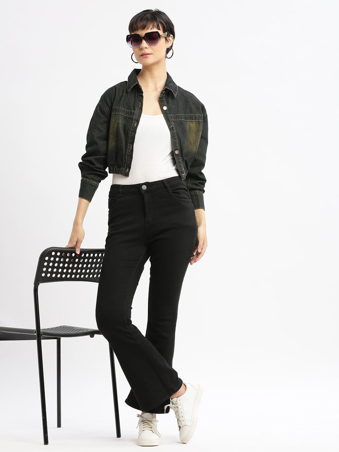 Black Washed Checked Windcheater Crop Biker Jacket