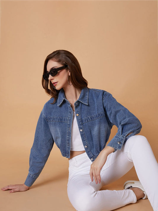 Blue Washed Windcheater Crop Denim Jacket