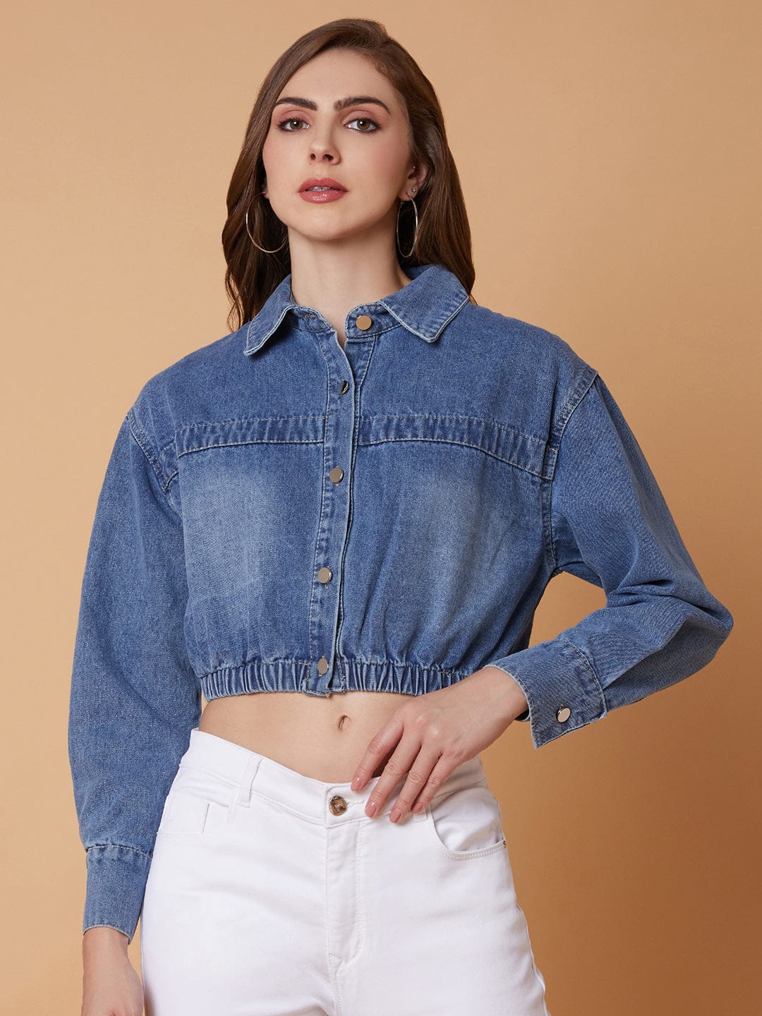 Blue Washed Windcheater Crop Denim Jacket