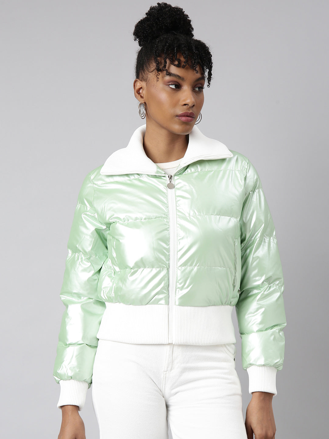Green Mock Collar Puffer Jacket