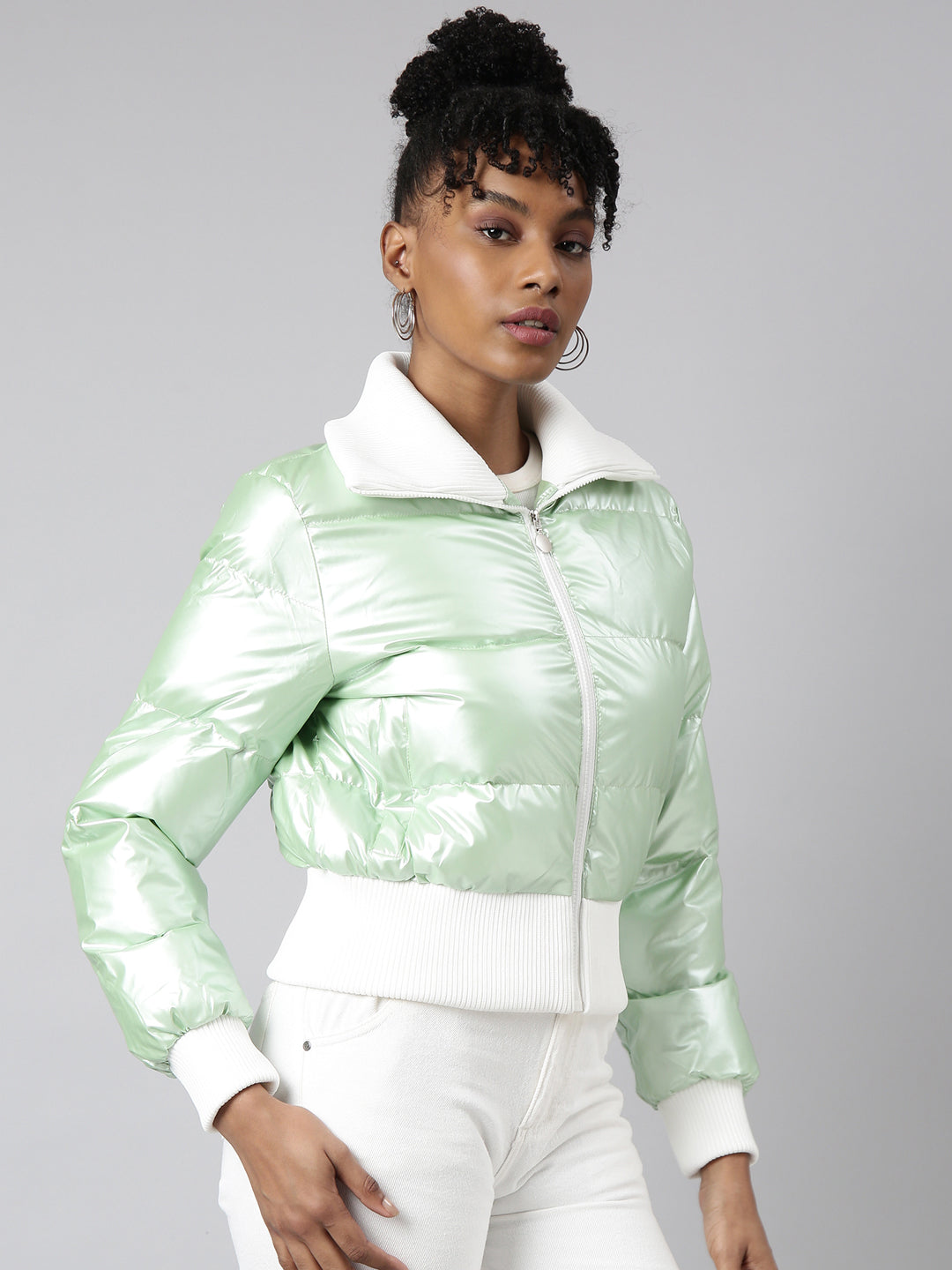 Green Mock Collar Puffer Jacket