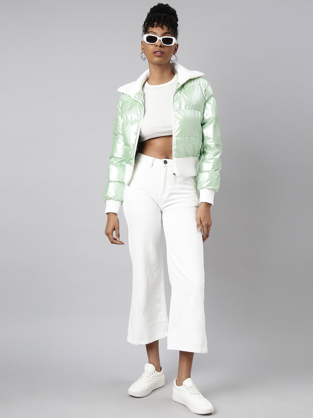 Green Mock Collar Puffer Jacket