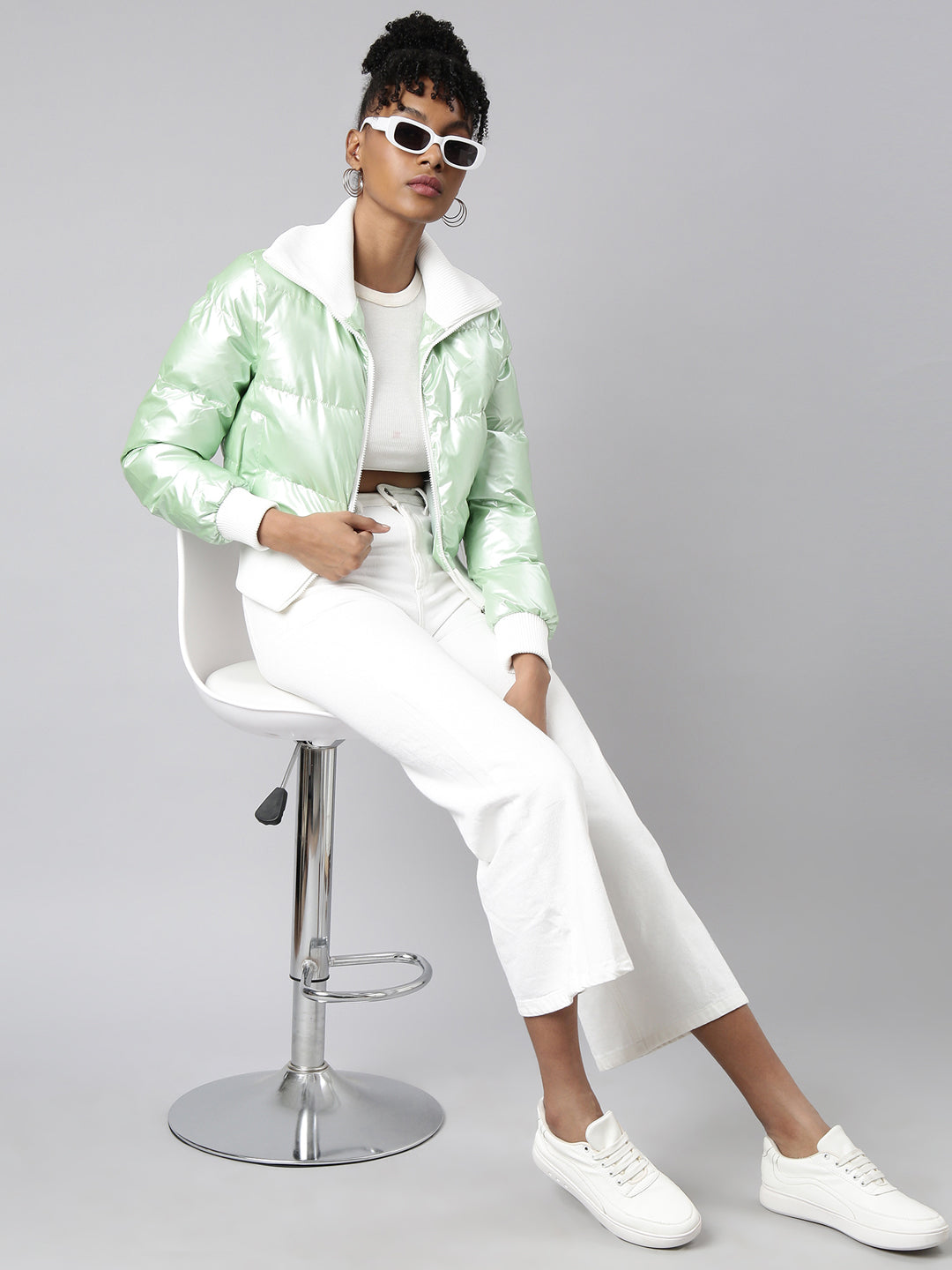 Green Mock Collar Puffer Jacket