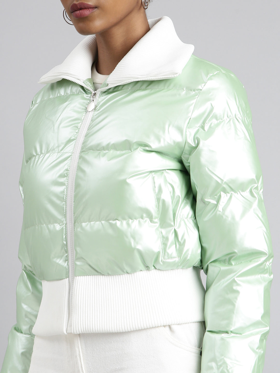 Green Mock Collar Puffer Jacket