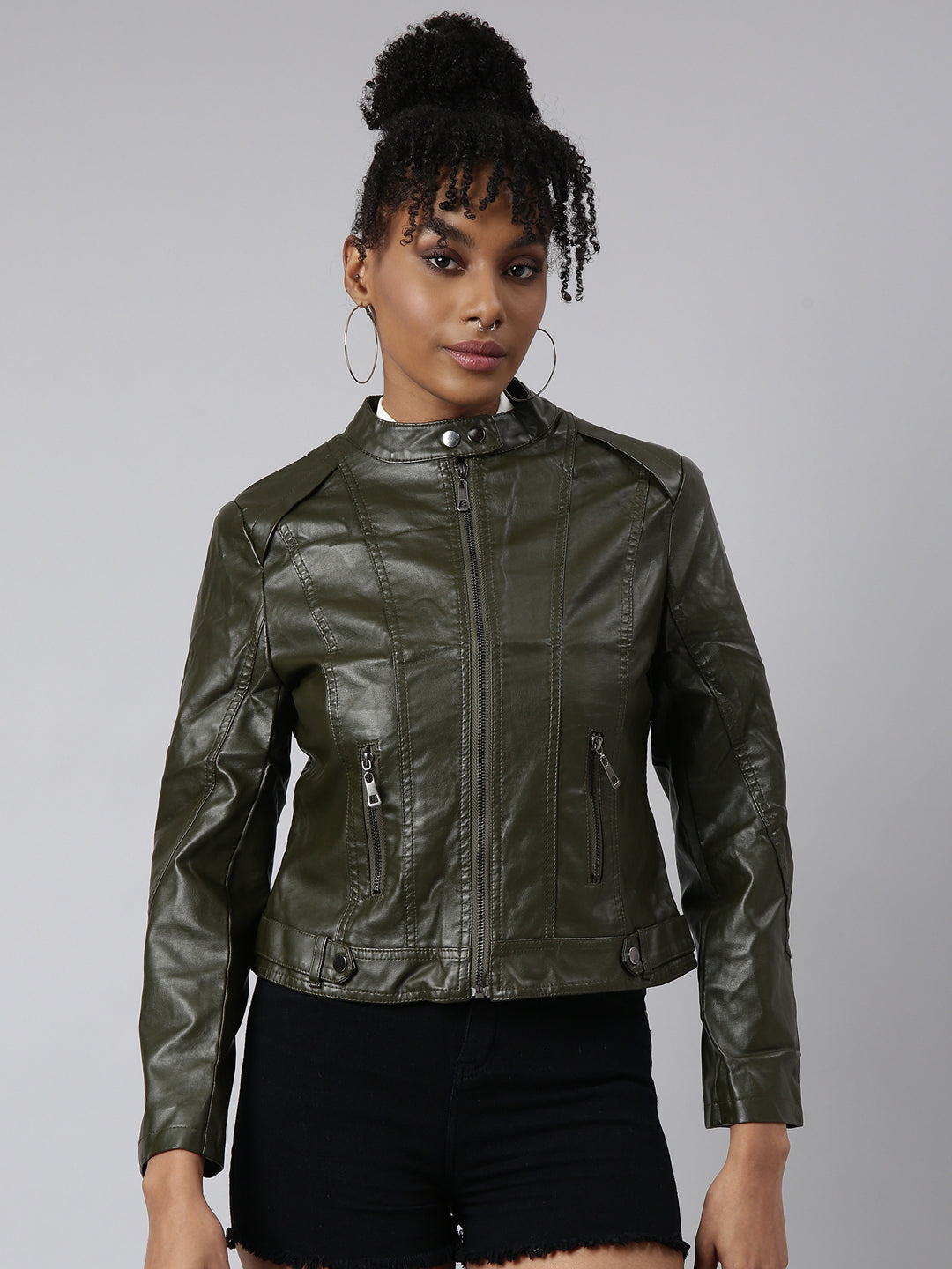 Olive Stand Collar Biker Jacket