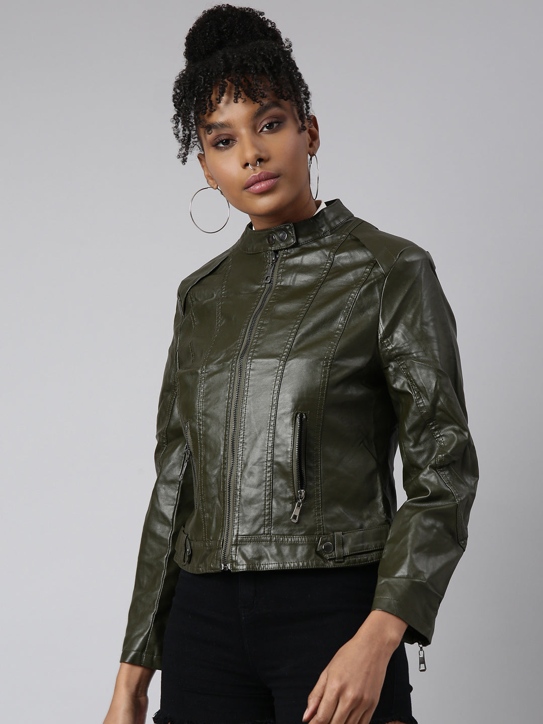 Olive Stand Collar Biker Jacket