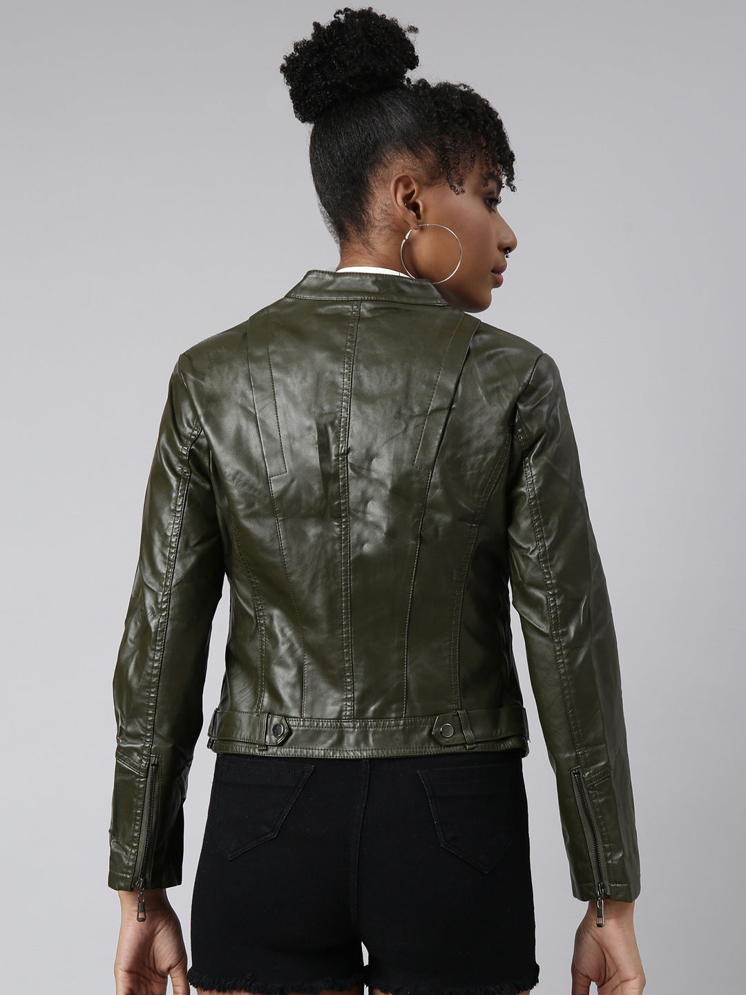 Olive Stand Collar Biker Jacket