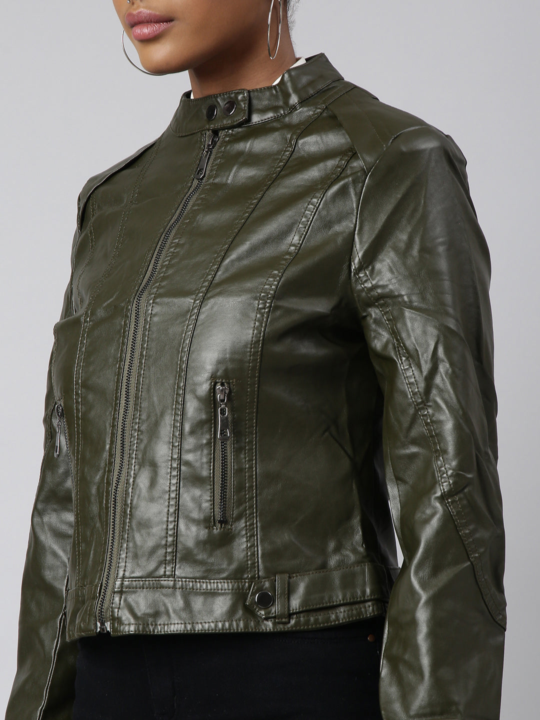 Olive Stand Collar Biker Jacket