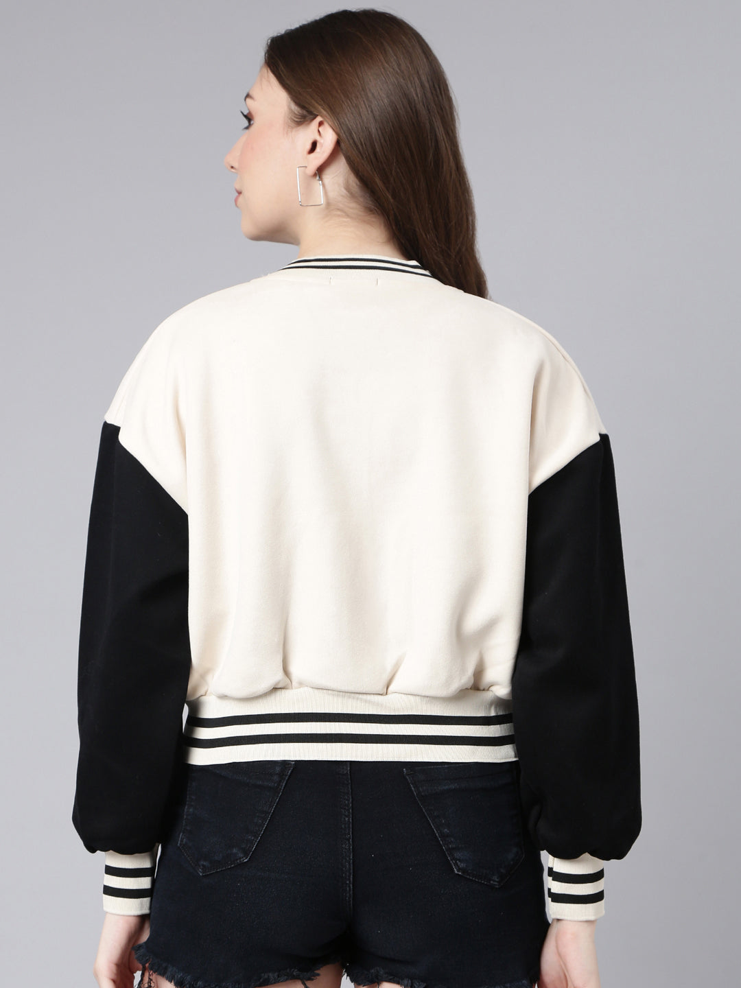 Typography Cream Crop Oversized Drop Shoulder Varsity Jacket