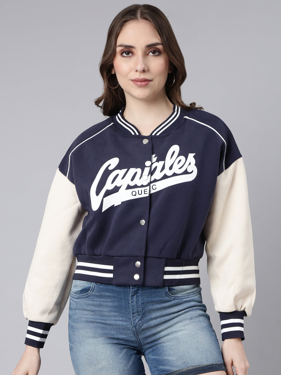 Typography Navy Blue Crop Oversized Drop Shoulder Varsity Jacket