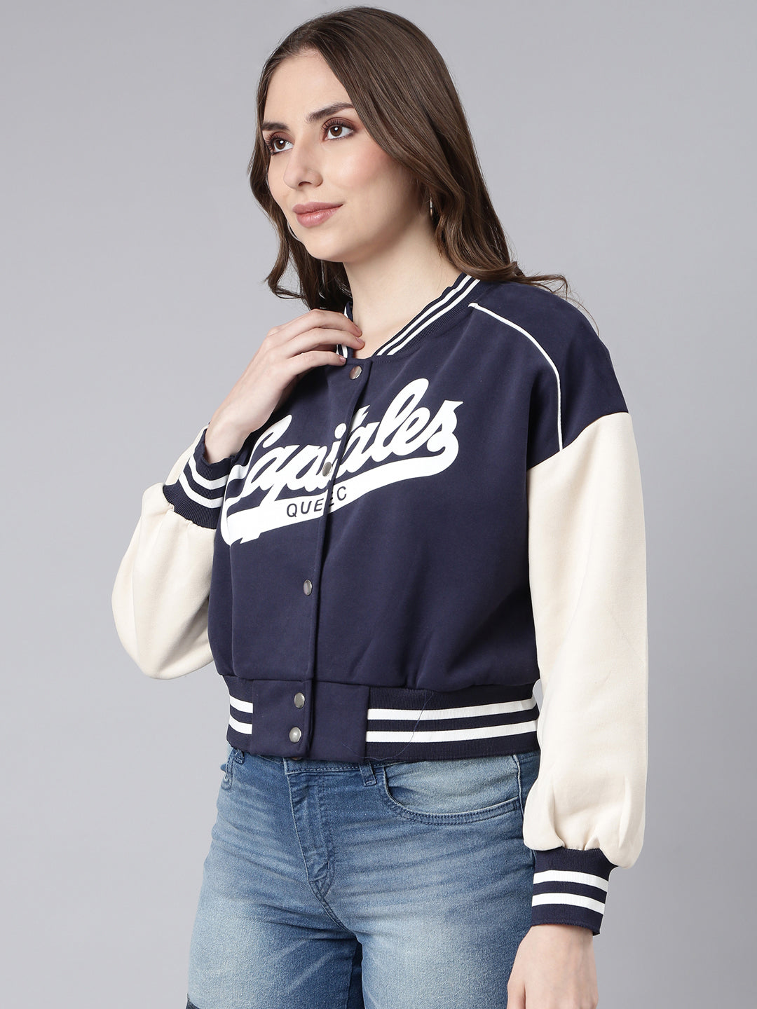 Typography Navy Blue Crop Oversized Drop Shoulder Varsity Jacket