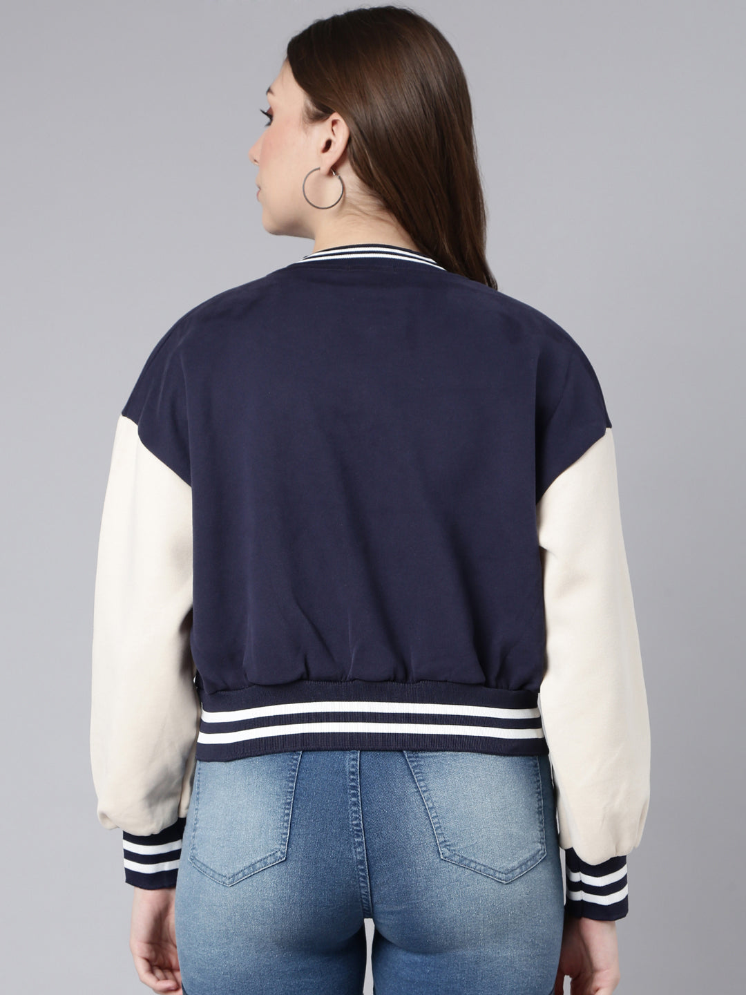 Typography Navy Blue Crop Oversized Drop Shoulder Varsity Jacket