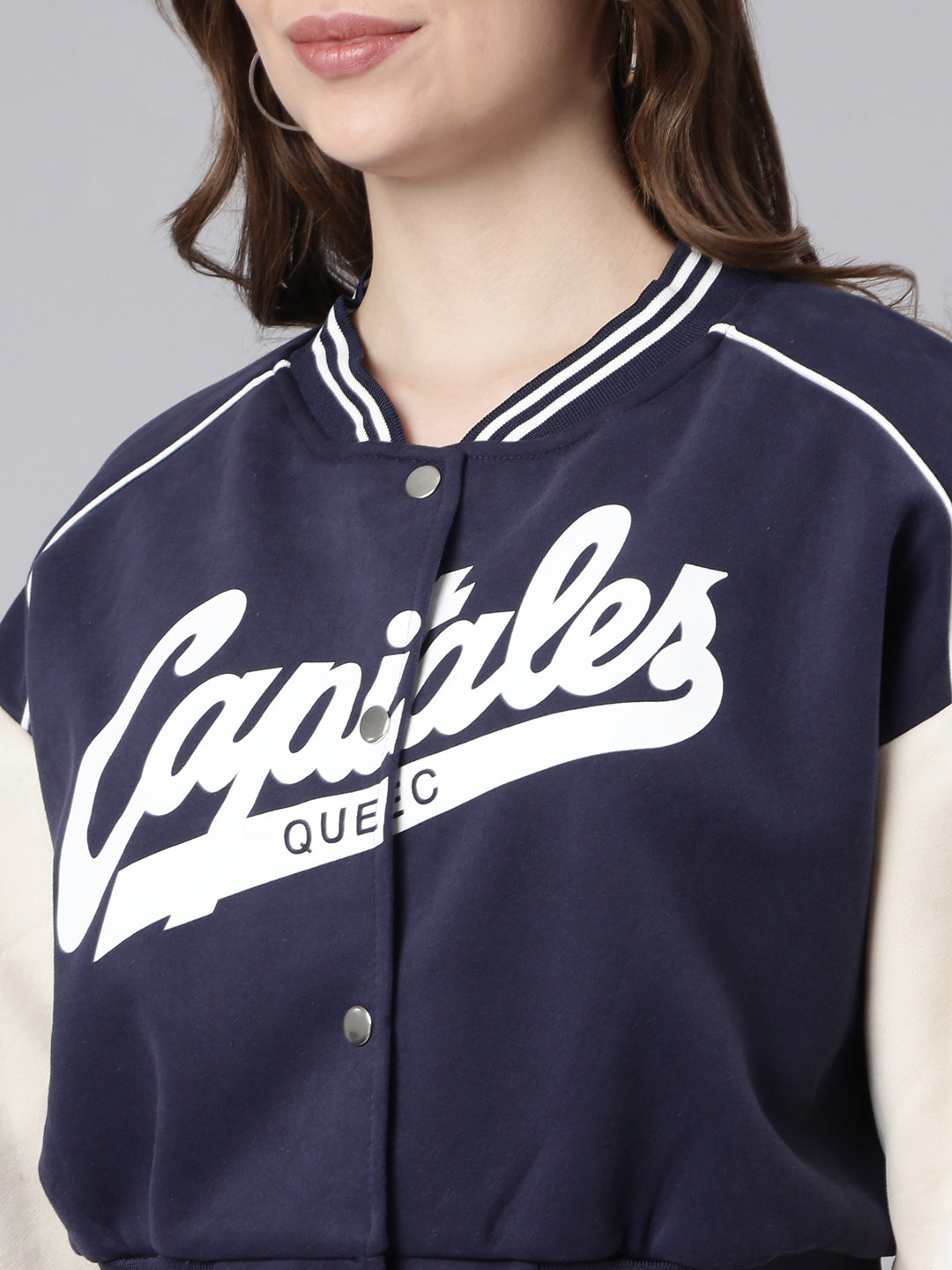 Typography Navy Blue Crop Oversized Drop Shoulder Varsity Jacket
