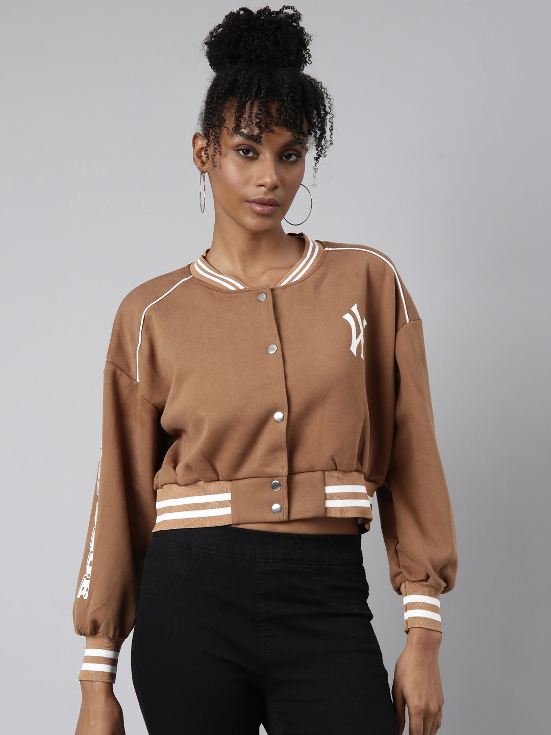 Typography Brown Crop Oversized Drop Shoulder Varsity Jacket